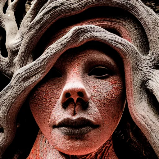 Image similar to beautiful stone woman, lava flowing, exotic trees, bare bark, dark eyes, low angle mist, high octane, frostbite, 8 k, cinematic, 3 5 mm, h 6 4 0