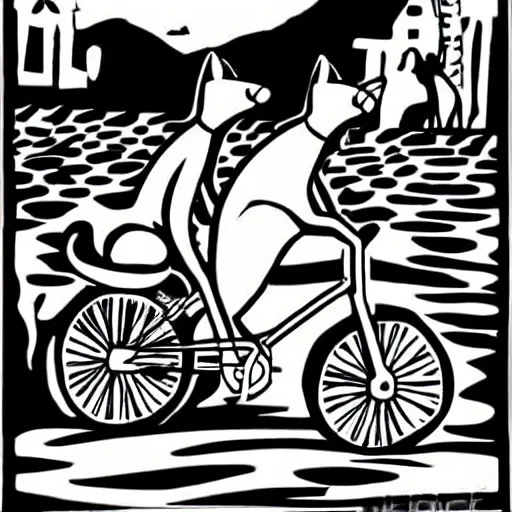 Prompt: cats riding bicycles, black and white, cartoon style, highly detailed, grainy