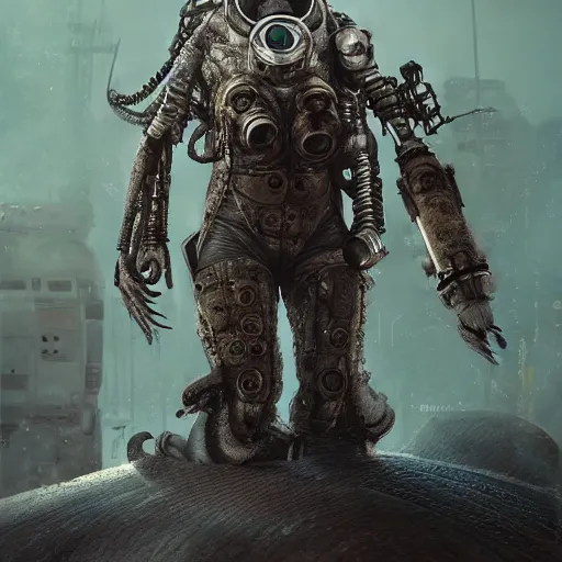 Image similar to mad max squid monster astronaut, hyper detailed, digital art, trending in artstation, cinematic lighting, studio quality, smooth render, unreal engine 5 rendered, octane rendered, art style by klimt and nixeu and ian sprigger and wlop and krenz cushart, full body portrait, well lit, intricate abstract. cyberpunk, intricate artwork, by Tooth Wu, wlop, beeple. octane render, trending on artstation, greg rutkowski very coherent symmetrical artwork. cinematic, hyper realism, high detail, octane render, 8k, minimalistic, hyperrealistic surrealism, award winning masterpiece with incredible details, a surreal vaporwave liminal space, highly detailed, trending on ArtStation