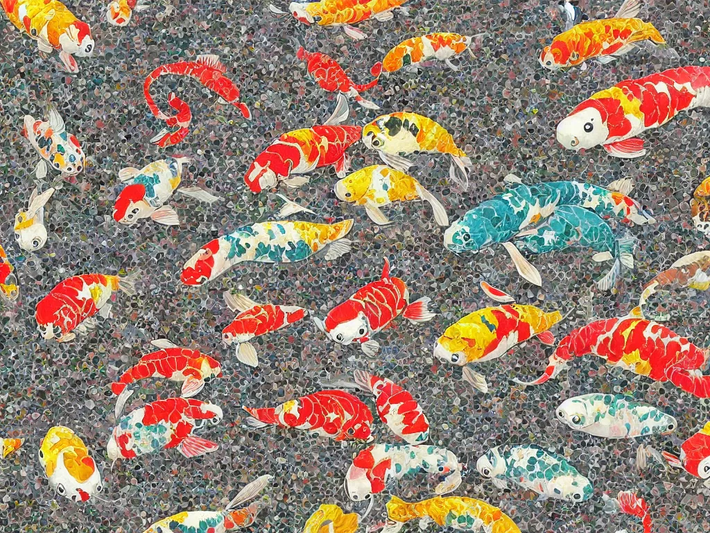 Image similar to breathtaking detailed concept art painting kaleidoscope of koi carp collage illustration pattern, 1 5 0 mm, tiny, small, miniature, short, cute and adorable, digital painting, highly detailed, intricate, elegant, artstation, concept art, colorful, beautiful, studio ghibli, aoshima chiho, takashi murakami, manga, cute and adorable