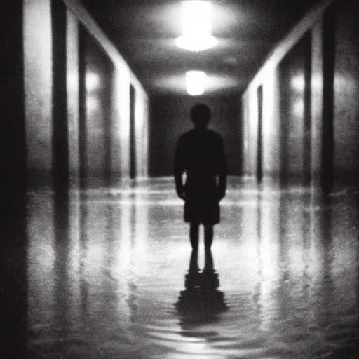 Prompt: a flooded creepy empty basement hallway with a creepy smiling silhouette of a man standing in the dark, shaky, out of focus, expired film grain, craigslist photo