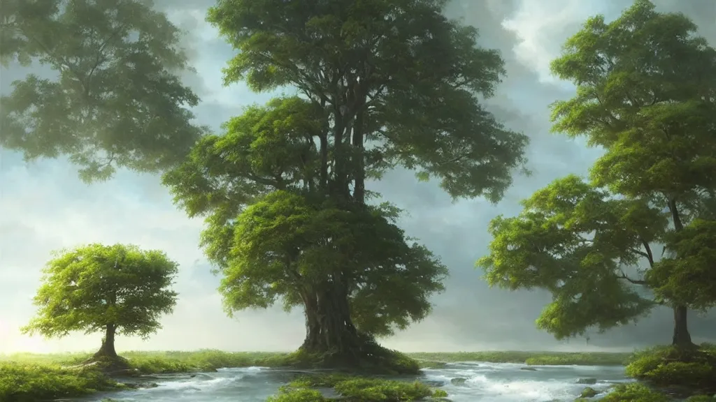 Prompt: very realistic oil painting of a single cloud tree with lots of cloud shaped leaves, A beautiful, highly detailed, masterpiece, next to a small crystal clear river, oil painting by Greg Rutkowski.