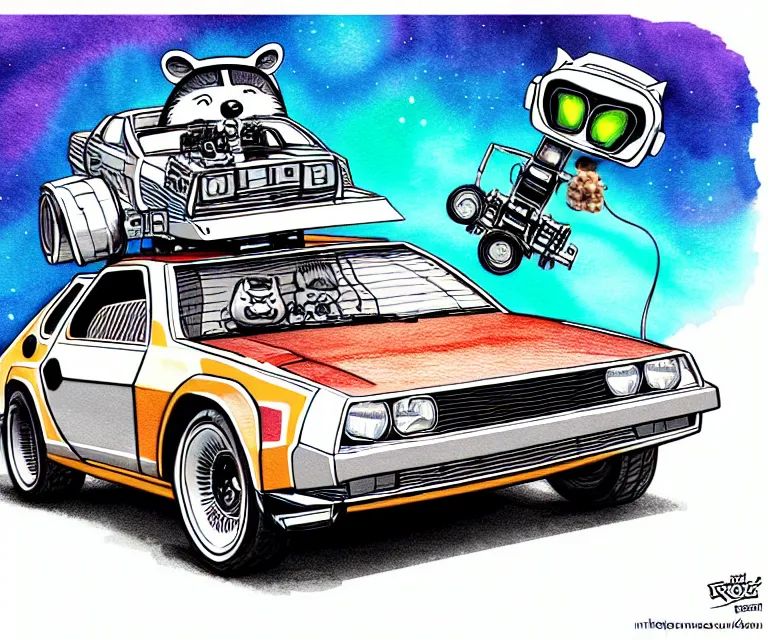 Prompt: cute and funny, racoon wearing a helmet riding in a tiny silver color hot rod dmc delorean with oversized engine, ratfink style by ed roth, centered award winning watercolor pen illustration, isometric illustration by chihiro iwasaki, edited by range murata, details by artgerm, full sized picture