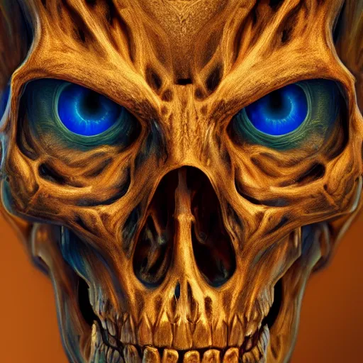 Image similar to hyperdetailed skeleton head with blue human eyes, human eyes, symetry, golden ratio, intricate, detailed, volumetric lighting, scenery, digital painting, highly detailed, artstation, sharp focus, illustration, detailed vectorart