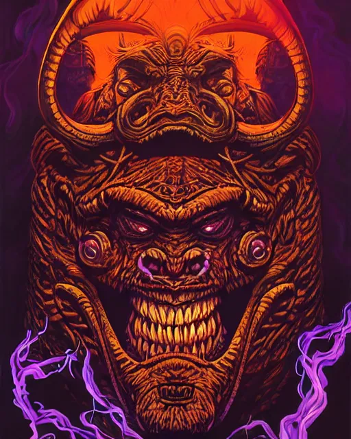 Prompt: barong family member, wiwek, mara demon, music, smoke from eyes, background red smoke with purple lightning, one single tribe member, jungle, one single mask, dark, ancient warrior, gorilla, lizard, inner glow, art by dan mumford and justin gerard