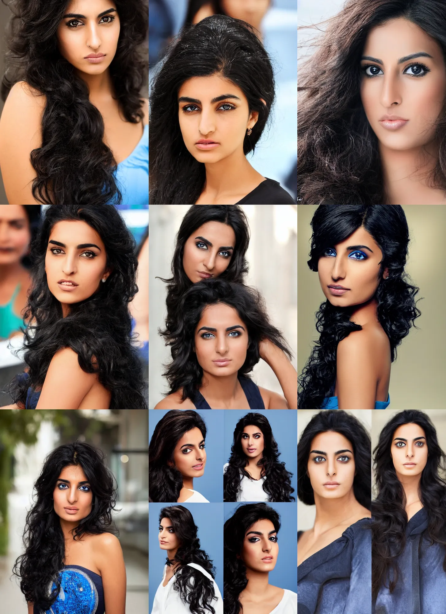 Prompt: tanned ameera al taweel, blue eyes, wavy black hair, confident beautiful by jan slotboom