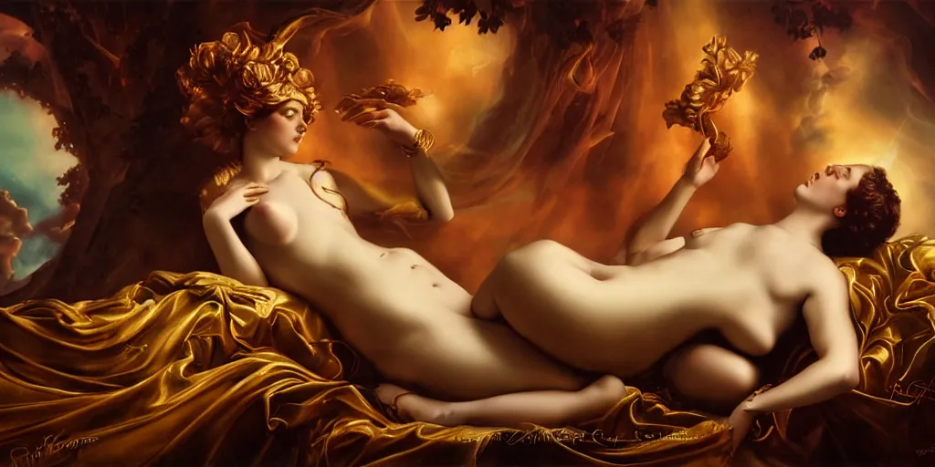 Image similar to the birth of aphrodite, by Rolf Armstrong and Evelyn De Morgan and Bastien Lecouffe-Deharme, dramatic lighting, high contrast colors, baroque, empyrean, panoramic view, as trending on Artstation, highly detailed, doom engine,