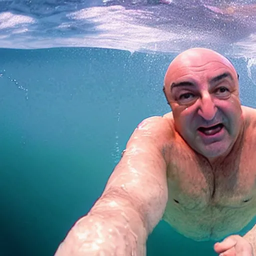 Image similar to kevin o'leary swimming inside the ocean, like a shark, taken by a gopro