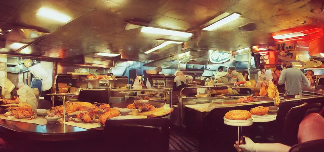 Image similar to daleks serving food, inside a vintage fast food restaurant, hamburgers and soda, happy family, kodak Ektachrome 10, 15mm wide angle close up