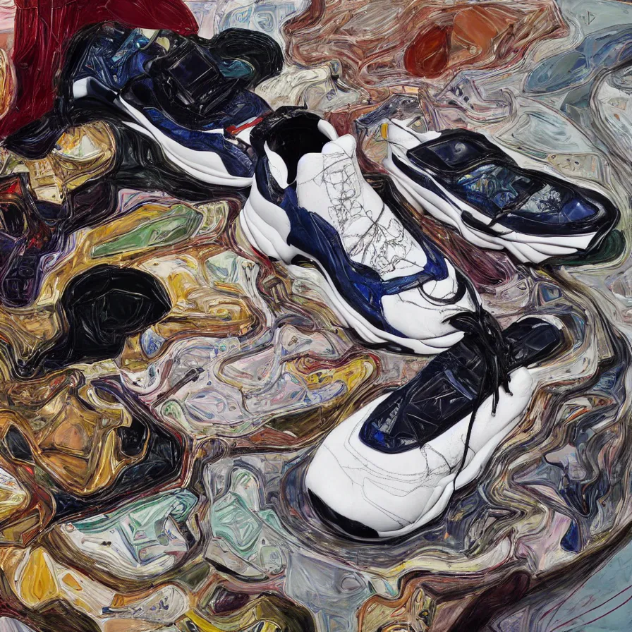 Image similar to futuristic balenciaga sneakers, nft art, highly detailed, hyper realistic, art by todd mcfarlane, by ( ( ( lucian freud ) ) ) and gregory crewdson and francis bacon