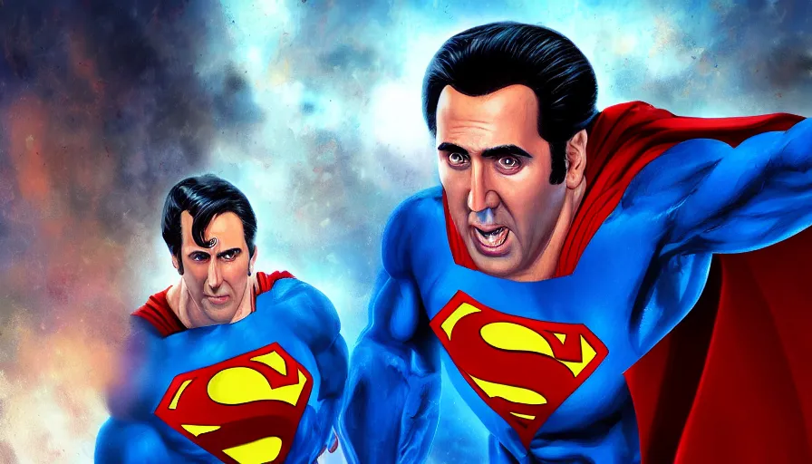 Prompt: Digital painting of Nicolas Cage as Superman, hyperdetailed, artstation, cgsociety, 8k