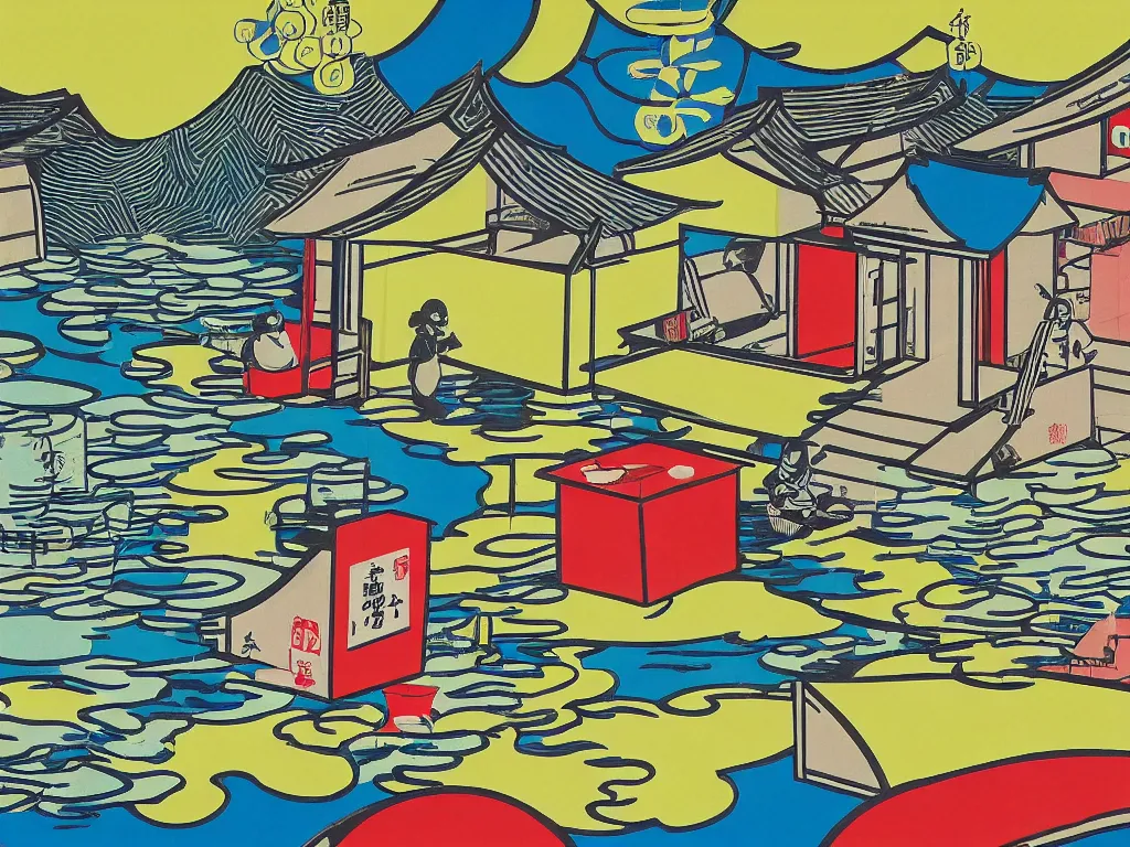 Prompt: close - up image of a japanese house with a pond, stormtroopers sitting around it, in style of pop - art, andy warhol, roy lichtenstein, jackie tsai, bright palette, acrylic on canvas