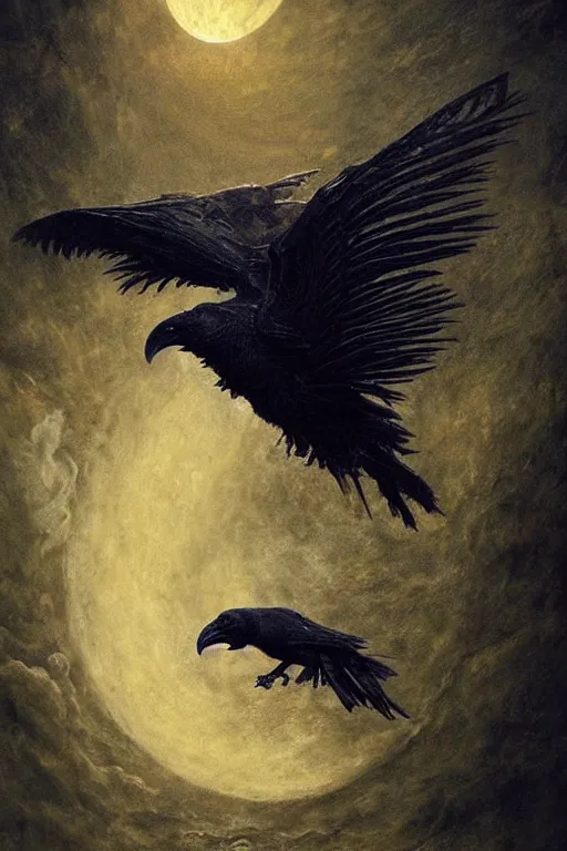 Prompt: Intricate stunning highly detailed raven by agostino arrivabene and Seb McKinnon, sculpture , ultra realistic, Horror vacui, ethereal, dark, swarming swirling bats, full moon, thick swirling smoke tornado, fire embers, trending on artstation