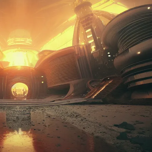 Image similar to futuristic spaceship in the middle of the abandoned concrete temple, ground-level view, puddles of water, stunning volumetric lighting, sunset, trending on Artstation, 8k, photorealistic, hyper detailed, unreal engine 5, cinematic, epic lighting, cryengine, octane render, cyberpunk, red and orange glow, dark, gloomy, foggy