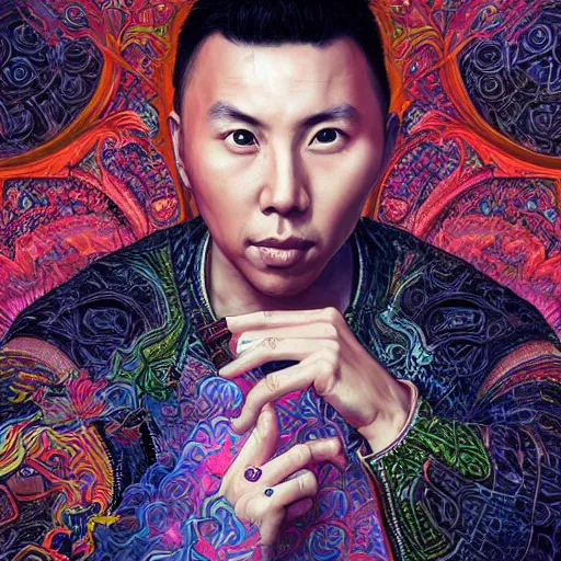 Prompt: portrait of donnie yen, hyper detailed masterpiece, neon floral pattern, jean giraud, digital art painting, darkwave goth aesthetic, psychedelic, artgerm, donato giancola and tom bagshaw