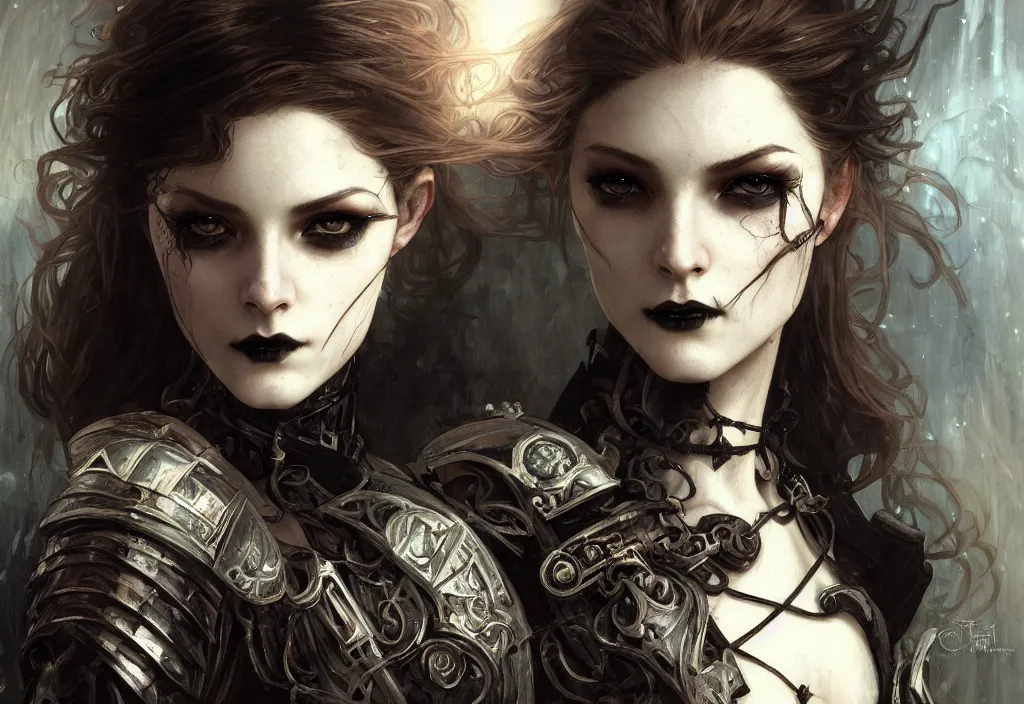 Image similar to beautiful and gothic and evil and dieselpunk young medieval female knight portrait + smoky eyes + front face with light flowing hair, ultradetail face, art and illustration by tian zi and craig mullins and wlop and alphonse mucha, fantasy, intricate complexity, human structure, human anatomy, fantasy character concept, watermark, blurry, hyperrealism 8 k