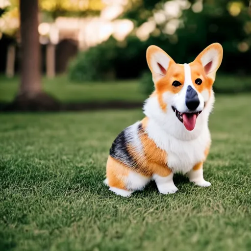 Prompt: a cute corgi puppy eating icecream, Sigma 85mm f/1.4