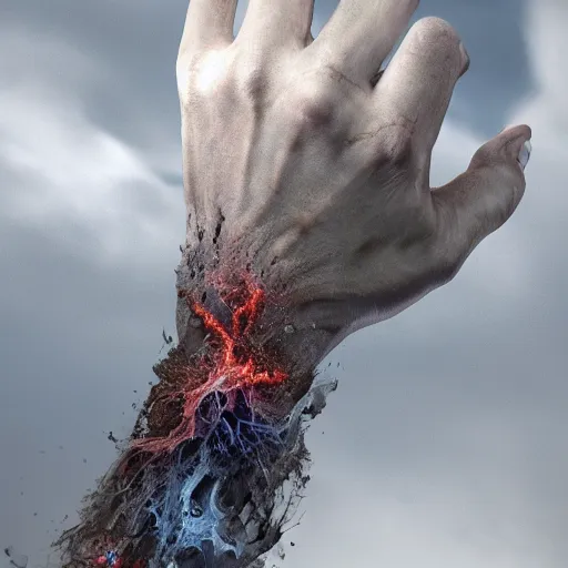 Image similar to hyperrealistic mixed media high resolution image of complex potential flow around the wrist of a proportionally sized hand reaching up and outward from the flow toward the atmosphere, stunning 3d render inspired art by unreal engine and Greg Rutkowski, perfect symmetry, dim volumetric lighting, 8k octane beautifully detailed render, post-processing, extremely hyper-detailed, intricate, epic composition, highly detailed attributes, highly detailed atmosphere, cinematic lighting, masterpiece, trending on artstation, very very detailed, masterpiece, stunning, flawless epidermis,