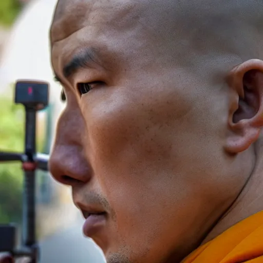 Image similar to a shaolin monk looking down the scope of a sniper rifle directly at the camera