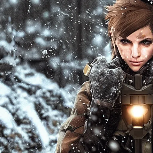 Prompt: quiet from metal gear solid v, caught in a snow blizzard, holding a torch,