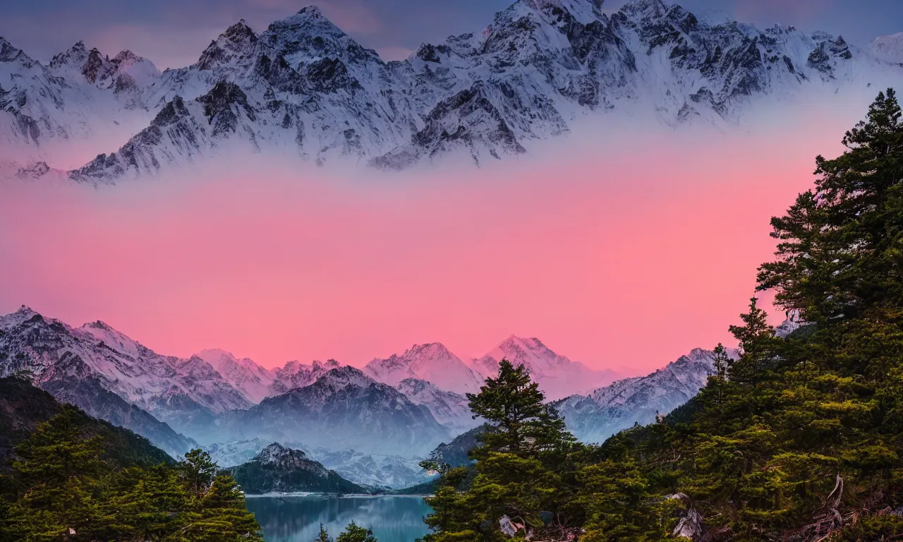 Prompt: breathtaking himalayan landscape, pastel sunset, lake, pine trees, last light on mountain top, dreamy colors, photorealistic, landscape photography, beautiful, 4 k, trending on artstation, serene, bliss