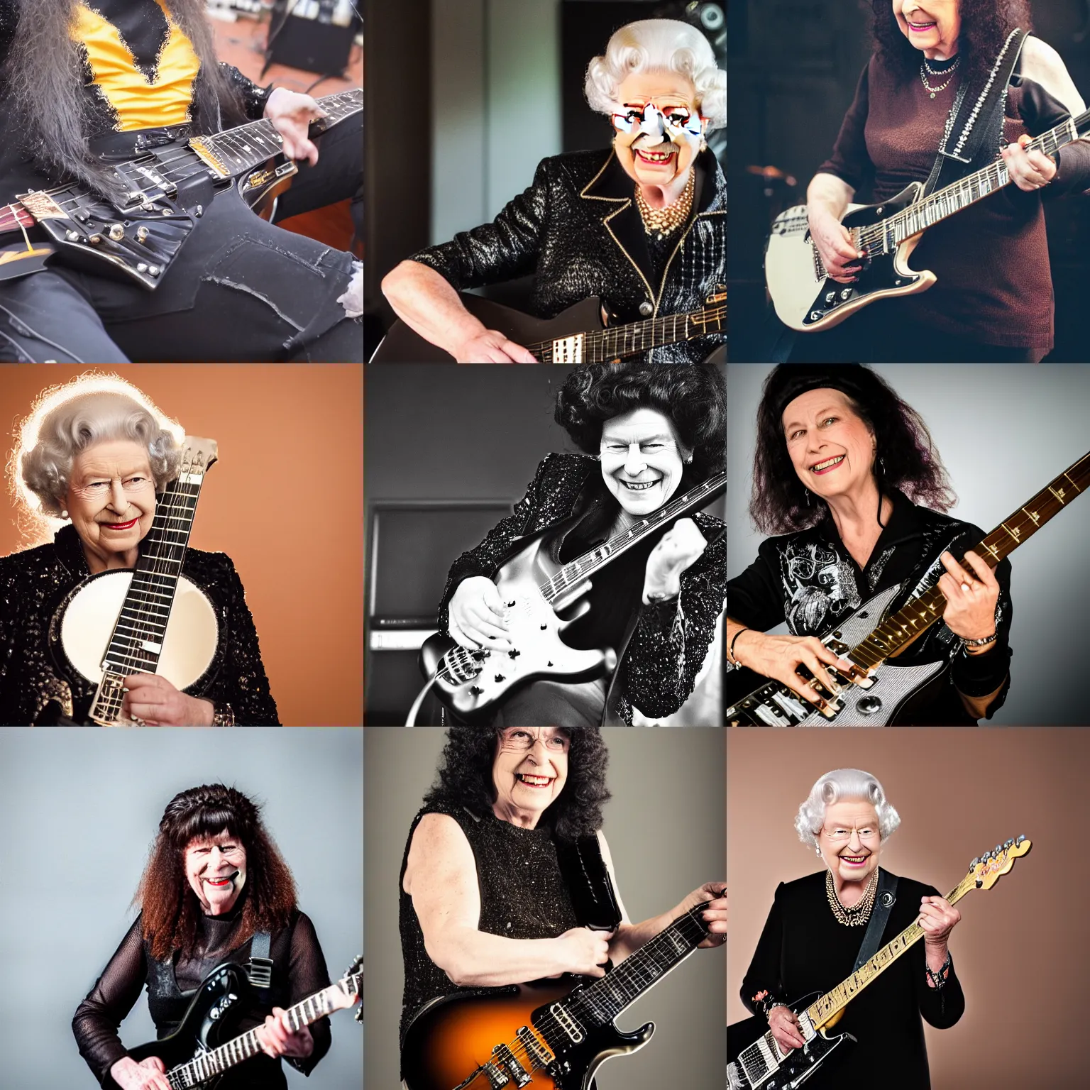 Prompt: Queen Elizabeth dressed in all black, mullet hairstyle, smiling while playing electric guitar in a heavy metal band, portrait photography, depth of field, bokeh