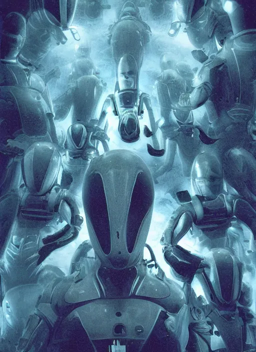 Image similar to symmetrical astronauts in dark and empty void underwater - complex and hyperdetailed technical suit. reflection and dispersion materials. rays and dispersion of light. volumetric light. 5 0 mm, f / 3 2. noise film photo. flash photography. ultra realistic, wide angle. poster by wayne barlowe, hajime sorayama aaron horkey, craig mullins