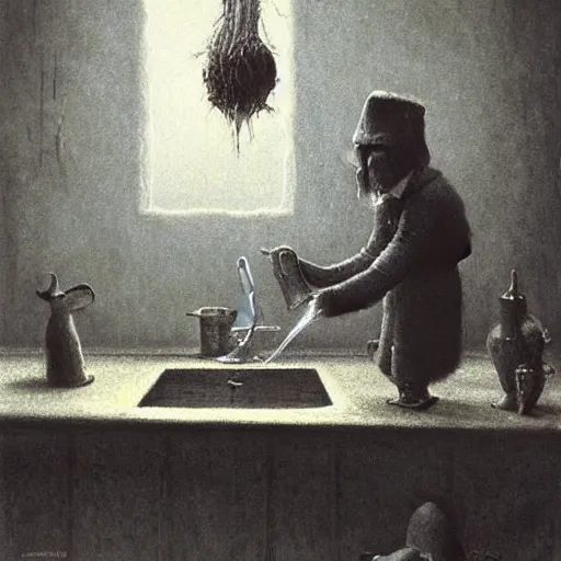 Prompt: Johny Depp washing dishes by Zdzislaw Beksinski