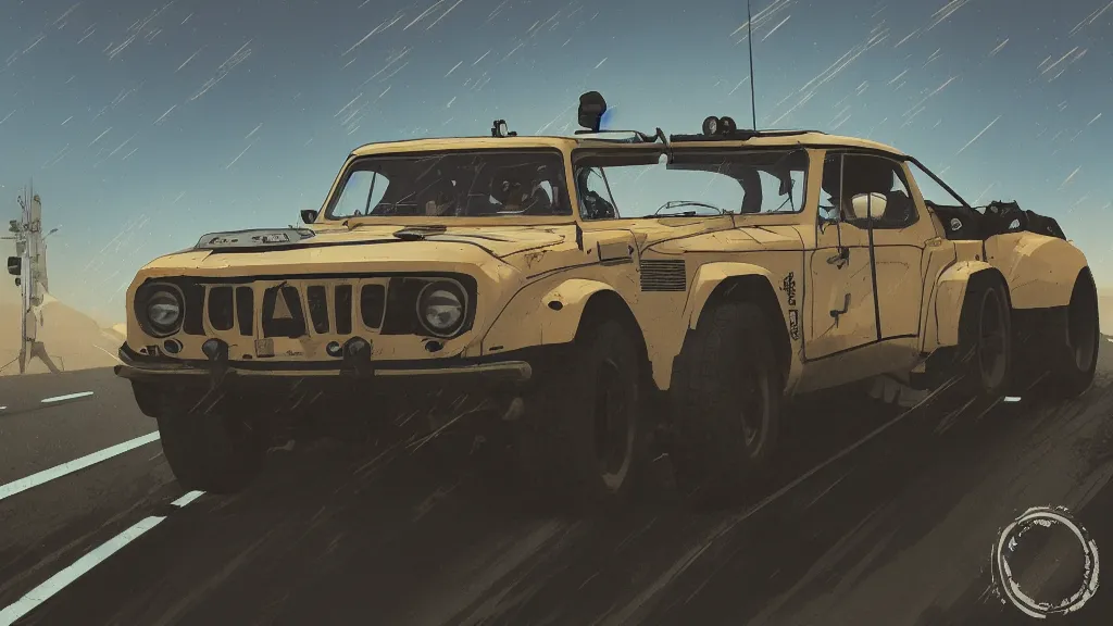 Image similar to digital illustration of mad max's fj 4 0 pursuit special, the last v 8 interceptor driving down a deserted cyberpunk highway in the middle of the day by studio ghibli, anime style year 2 0 9 3, by makoto shinkai, ilya kuvshinov, lois van baarle, rossdraws, basquiat