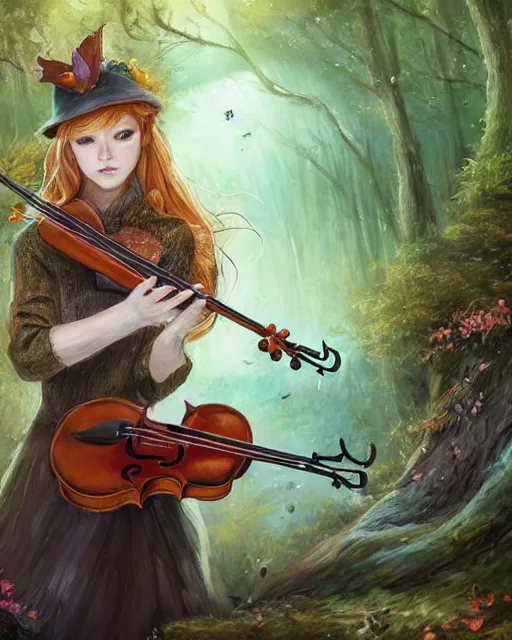 Image similar to Fox playing violin in magical forest, portrait, wearing hat, magical notes, fairy atmosphere, magic the gathering artwork, D&D, fantasy, cinematic lighting, centered, symmetrical, highly detailed, digital painting, artstation, concept art, smooth, sharp focus, illustration, volumetric lighting, epic Composition, 8k, art by Akihiko Yoshida and Greg Rutkowski and Craig Mullins, oil painting, cgsociety