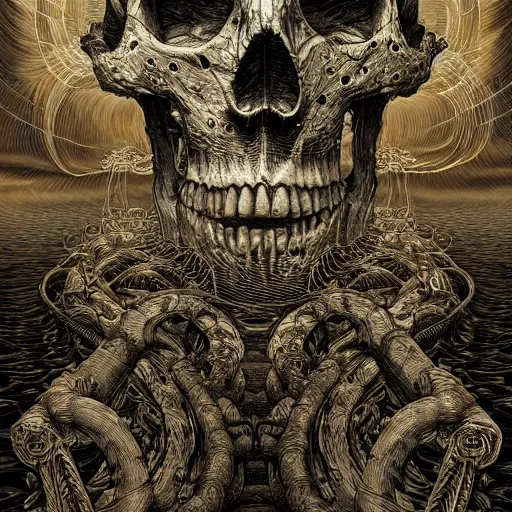 Prompt: skulls river by jeffrey smith and wlop and gustave dore, featuring rhodium wires, circuitry, code, binary, cryptonomicon, dmt entity, ambient occlusion, 3 d concept render, scientifically accurate, artstation, intricate, beautiful, look at that detail!