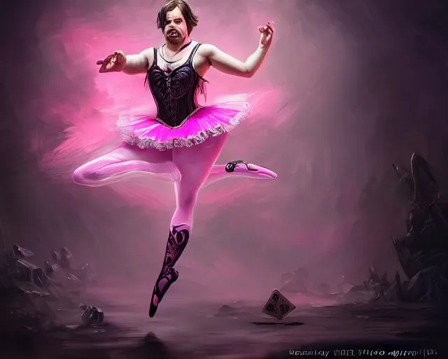 Image similar to photography of jack black dancing in a pink ballerina outfit, full body shot, deep focus, d & d and mtg, fantasy, intricate, elegant, highly detailed, digital painting, artstation, concept art, matte, sharp focus, illustration, hearthstone, art by giger