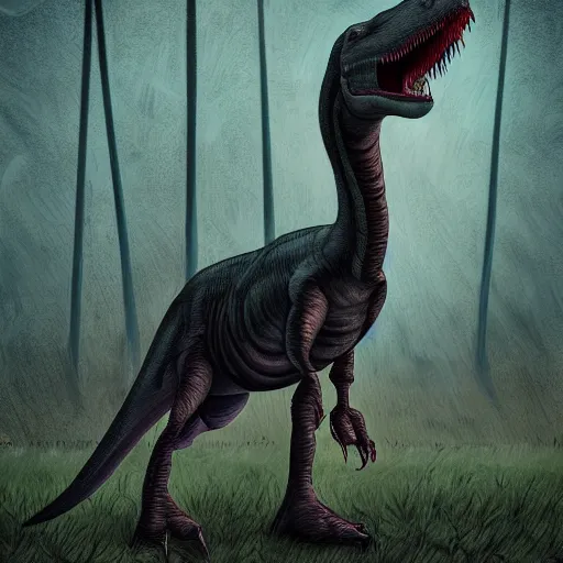 Image similar to Digital art of a somber dinosaur standing in the distance in the style of Dark Naturalism, Jungle Grunge, twilight, glows, detailed,