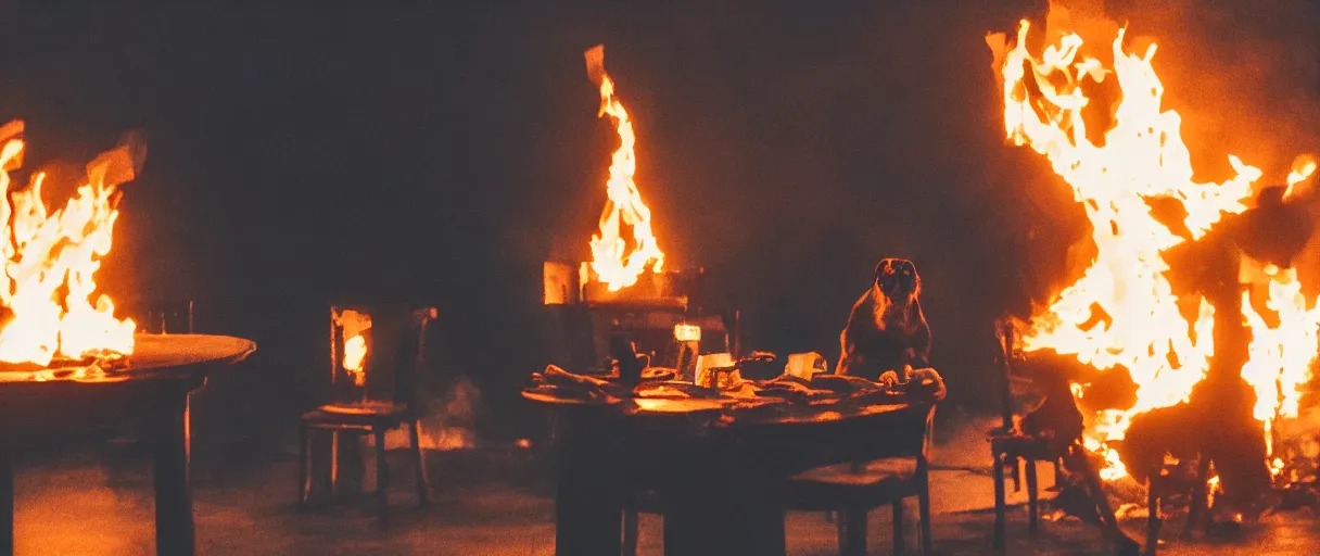 Image similar to a photograph of a big fire on a dining room on fire, an human-like relaxed dog sitting on a wooden chair at a table (no fire at all there), ☕ on the table, surrounded by flames, a lot of flames behind the dog, black smoke instead of the ceiling, no watermark