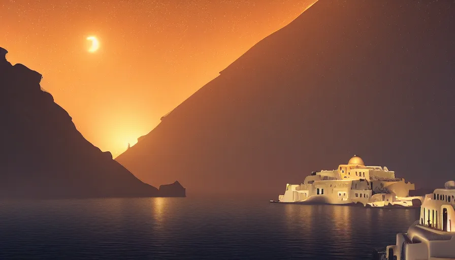 Prompt: 🌟🌜🎆, Art Deco, in SANTORINI island, starry night, Trending artstation, octane render, cgsociety, surrealist, cinematic, shadow of the tomb rider