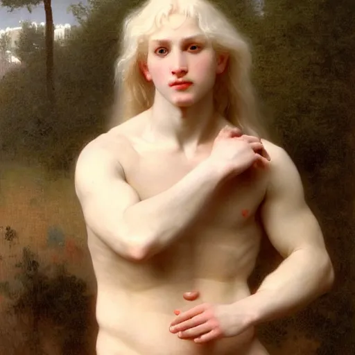 Prompt: PORTRAIT Painting of an albino germanic male Venus Apollo. LONG CURLY light blond hair. Sharp angular face high cheekbones hooked nose. Art by william adolphe bouguereau. During golden hour. Extremely detailed. Beautiful. 4K. Award winning.