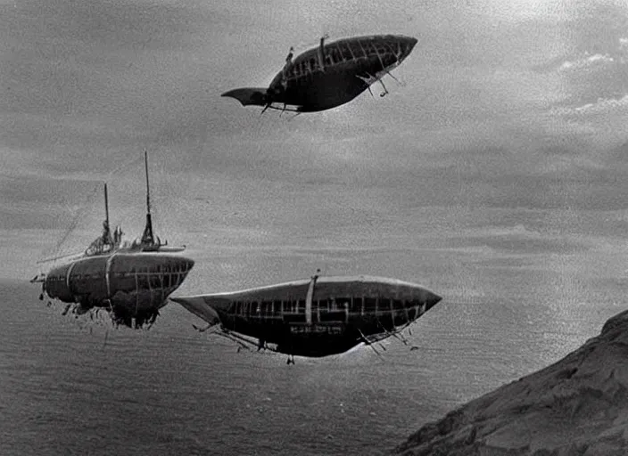 Prompt: scene from the 1971 lost world film Airship Vs Pterodactyls