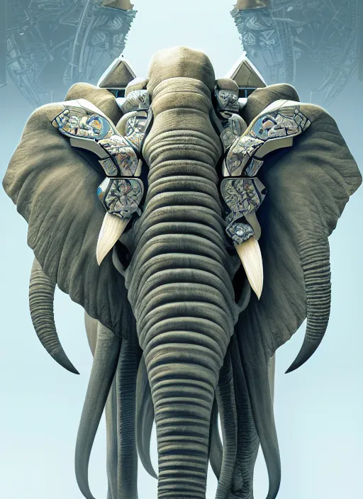 Image similar to symmetry!! portrait of a hybrid robot mamath elephant big tusk, floral! horizon zero dawn machine, intricate, elegant, highly detailed, ray tracing, digital painting, artstation, concept art, smooth, sharp focus, illustration, art by artgerm and greg rutkowski and alphonse mucha, 8 k