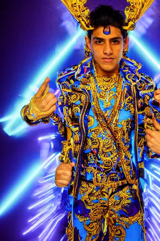 Image similar to full-body sculpture of a young handsome Colombiano prince as a half cibernetic android with a glowing blue battery in his chest, white laser beam coming out of his eyes, crown of giant diamonds, flowing neon-colored silk, fabric, raptors, in a cyperbunk and baroque style. baroque elements. full-length view. baroque element. intricate artwork by caravaggio. many many birds birds on background. Trending on artstation, octane render, cinematic lighting from the right, hyper realism, octane render, 8k, depth of field, 3D