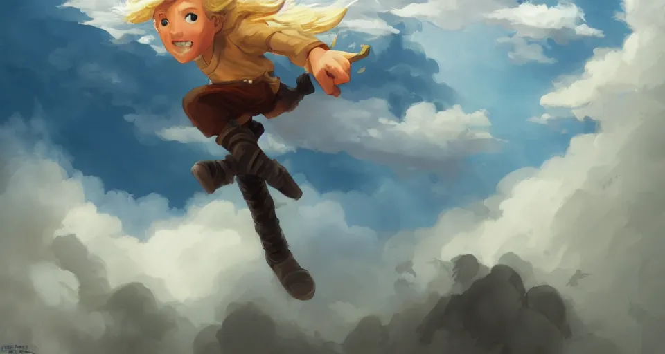 Image similar to a young blonde boy fantasy thief flying through the clouds, andreas rocha style