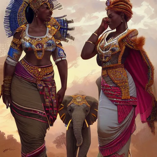 Image similar to three Zulu princesses!!! Elephants in background , intricate, elegant, highly detailed, digital painting, artstation, concept art, smooth, sharp, focus, illustration, art by artgerm and greg rutkowski and alphonse mucha