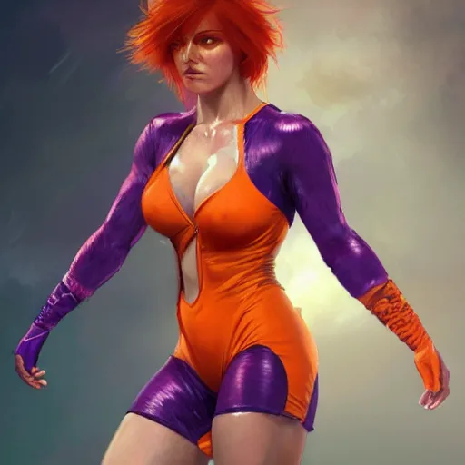 Image similar to full figure ultra realistic illustration, extremely tall female wrestler with orange hair with bangs wearing a purple costume, intricate, elegant, highly detailed, digital painting, artstation, concept art, smooth, sharp focus, illustration, art by artgerm and greg rutkowski and alphonse mucha