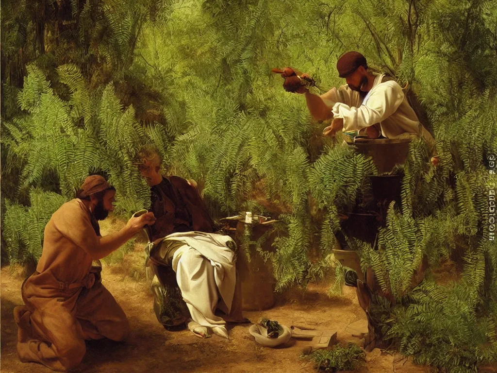 Prompt: portrait of kneeling painter washing his brush in a desert oasis, ferns. painting by georges de la tour