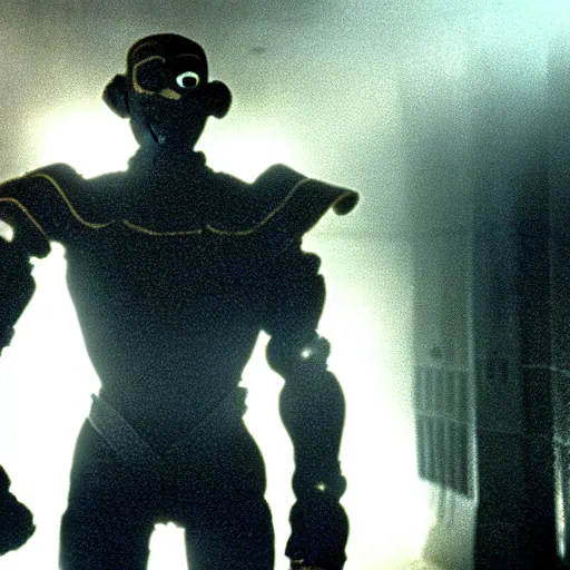 Image similar to thing from fantastic four as a soldier, still from the movie universal soldier, fog, dramatic lighting