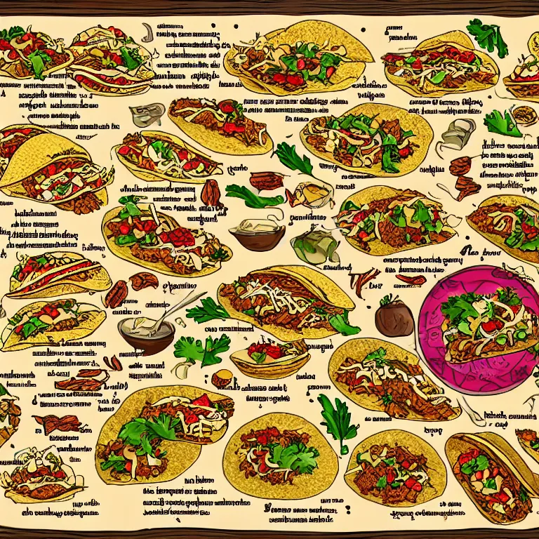 Image similar to middle age illustrated recipe for tacos ( ( ( ( a delicious tacos ) ) ) ) lot of medieval enluminures in the background explaining the recipe, schematic in a notebook