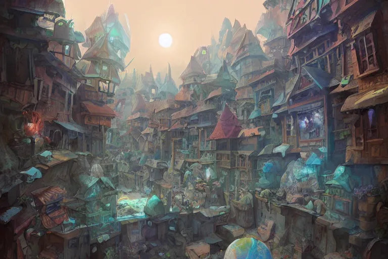 Image similar to one point perspective fantasy triangular orb village street view by artgerm and Craig Mullins, James Jean, Andrey Ryabovichev, Mark Simonetti and Peter Morbacher 16k