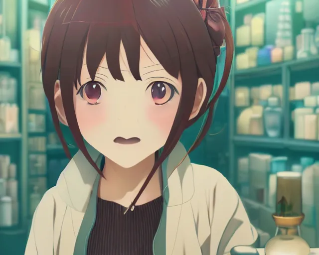 Image similar to anime visual, portrait of a young female traveler in a alchemist's potion shop interior, cute face by yoh yoshinari, katsura masakazu, cinematic luts, cold studio lighting, dynamic pose, dynamic perspective, strong silhouette, anime cels, ilya kuvshinov, cel shaded, crisp and sharp, rounded eyes