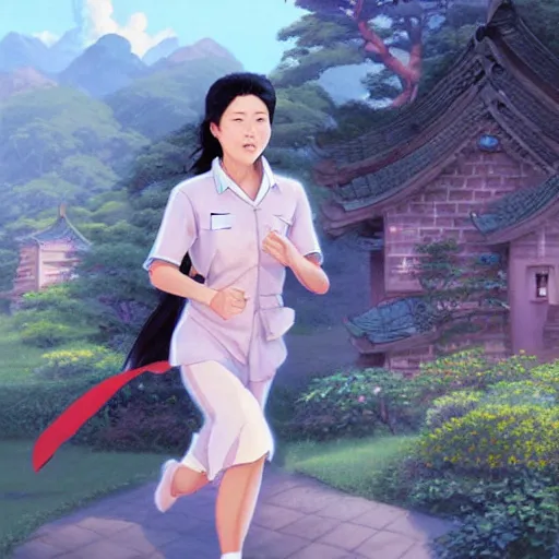 Prompt: portrait of a north korean woman running, an oil painting by ross tran and thomas kincade, studio ghibli