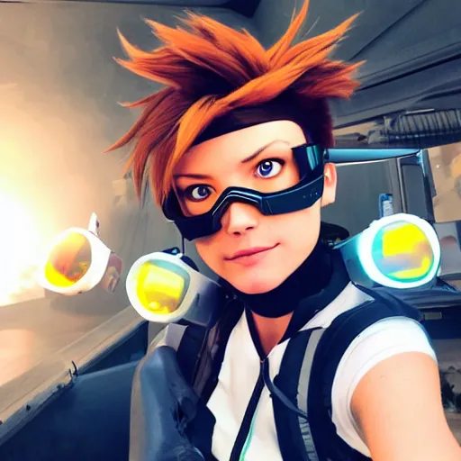 Image similar to tracer from overwatch wearing googles smartphone selfie