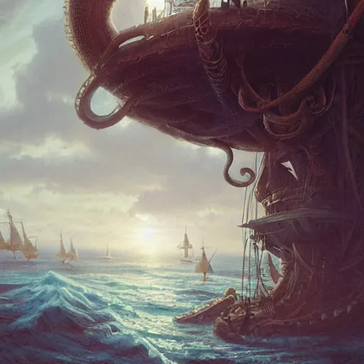 Image similar to pirate on ship's crow nest watching for a land , giant tentacles coming up from the sea ,hyperdetailed,hyperrealistic,photorealistic,art by trevor henderson,greg rutkowski,artstation,deviantart